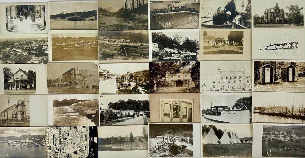 Collage of many black-and-white real photo postcards, showing waterfronts, buildings, boats, and outdoor scenes.