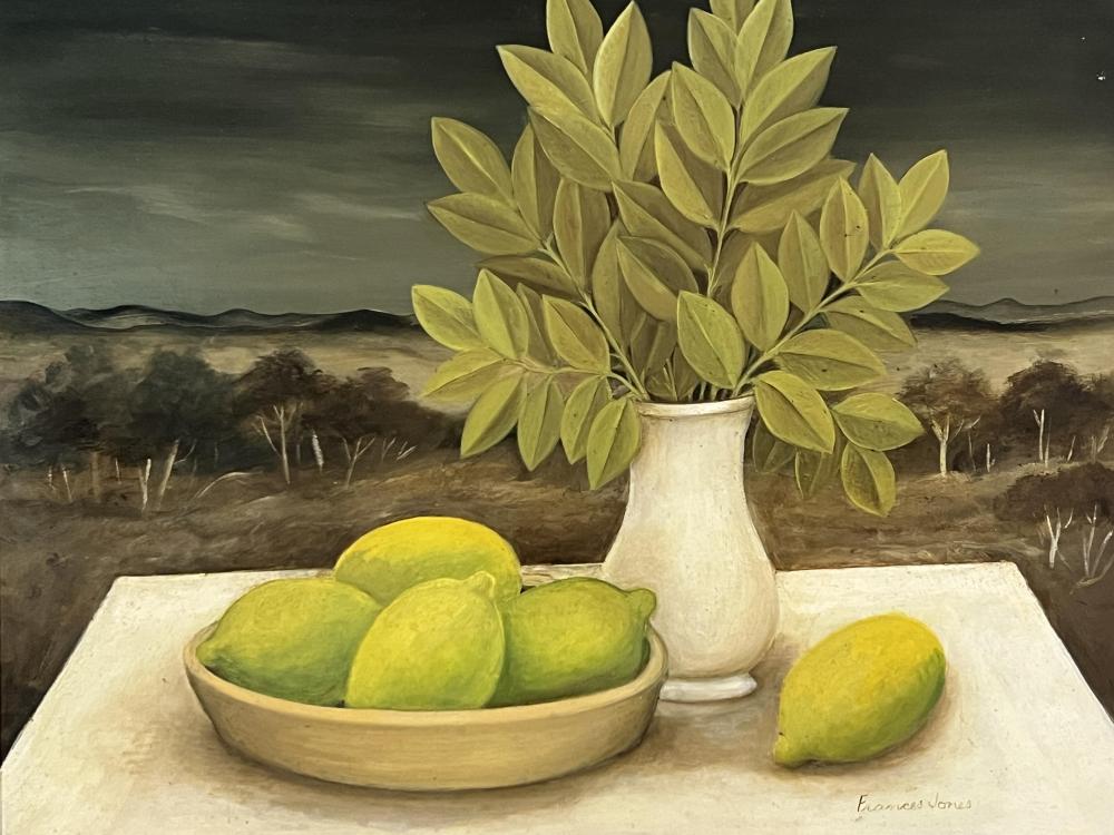 Francesco DeRocchi comparable auction result: frances 1923 jones australian 1923 1999 still life lemons oil on board 44cm by 37cm image 57cm by 49 5cm frame