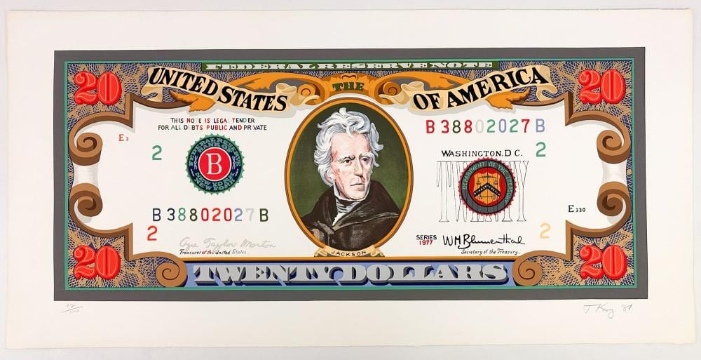 Tony King comparable auction result: tony king b 1944 signed silkscreen twenty dollar bill 1982 ed 78 100