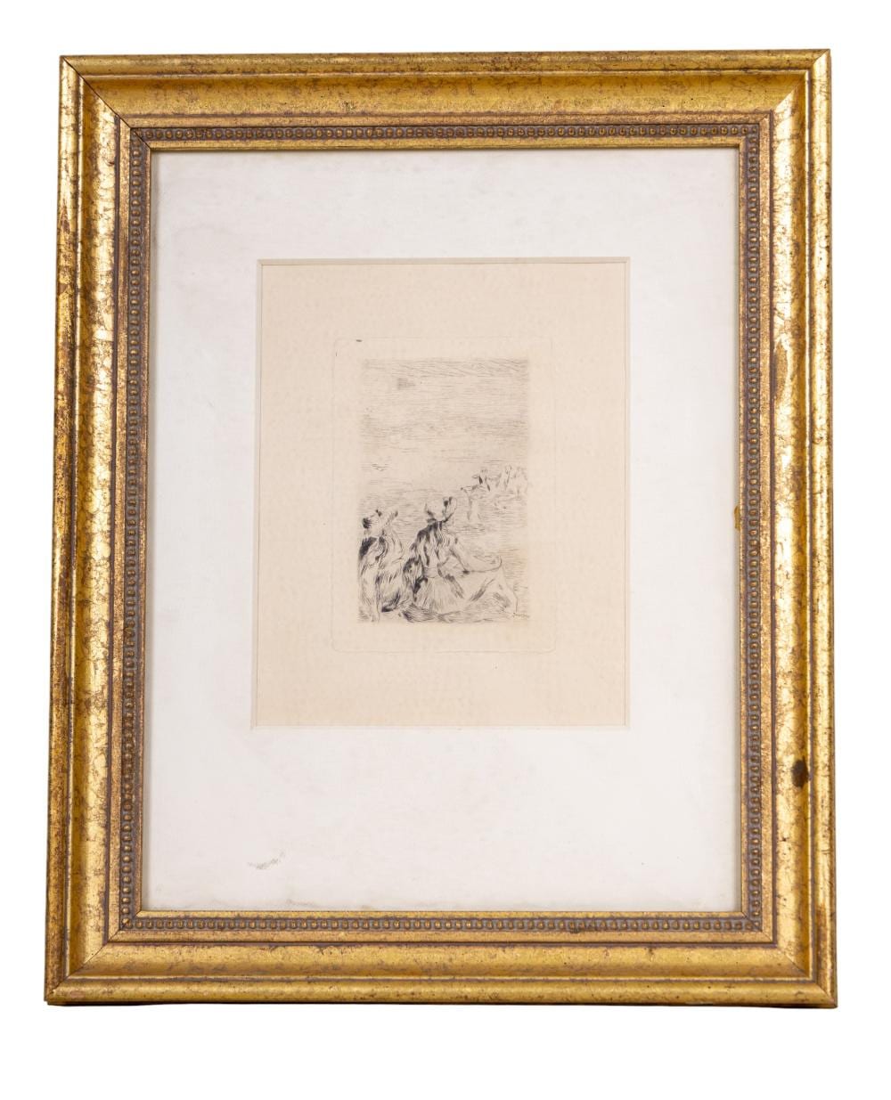 Framed black-and-white etching print depicting a small group of figures seated and standing near horses.