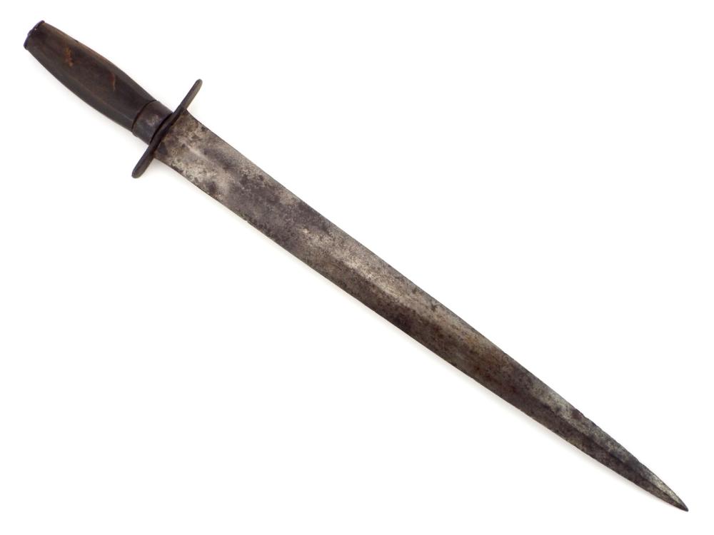 Metal dagger with a dark leather handle and crossguard, shown diagonally against a white background.