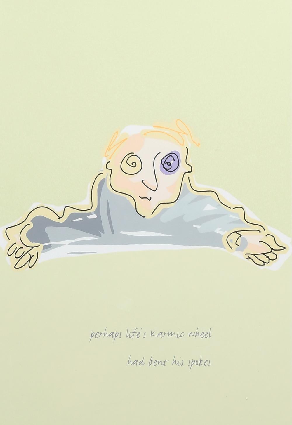 Illustration of John Lennon with closed eyes lying down in a light green background, in a colorful outline style.