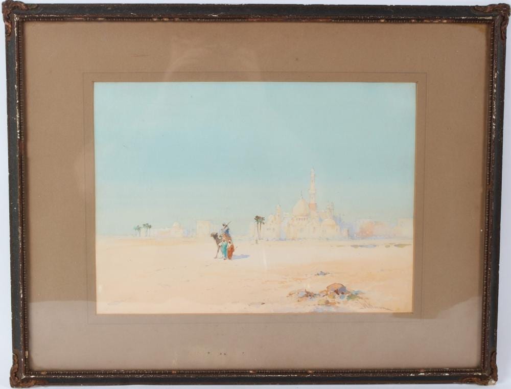 William Knox comparable auction result: william knox 1862 1925 middle eastern scene with camel rider and mosque watercolour signed 27 x 37cm