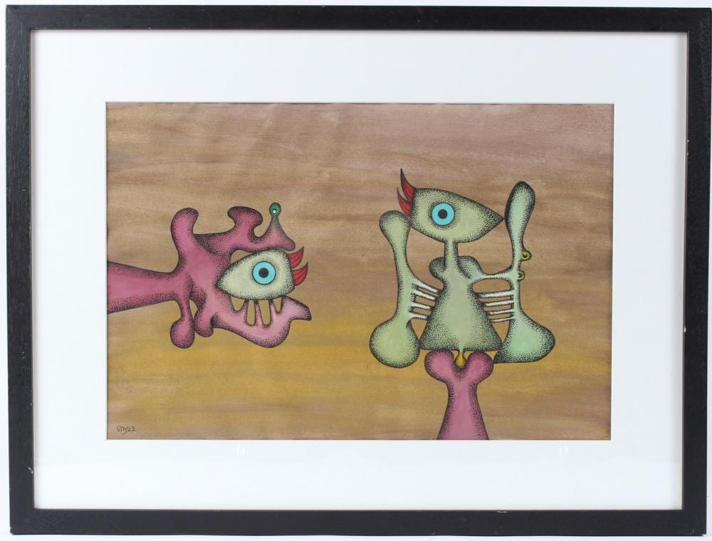 Desmond Morris comparable auction result: desmond morris b 1928 two figures mixed media initialled and dated 22 27 5 x 41cm