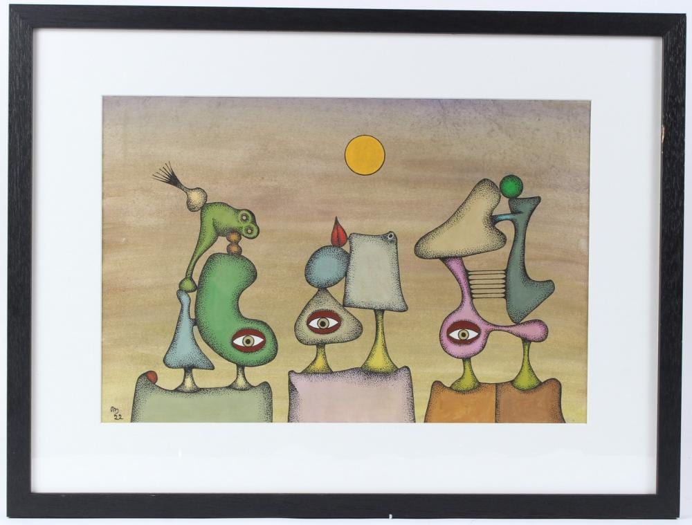 Desmond Morris comparable auction result: desmond morris b 1928 triarchy mixed media on paper initialled and dated 22 27 5 x 41cm
