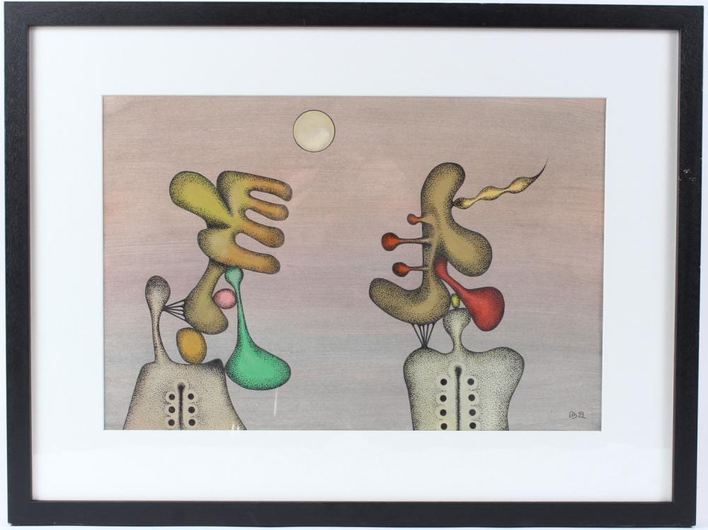 Desmond Morris comparable auction result: desmond morris b 1928 two figures and sun mixed media on paper initialled and dated 22 27 5 x 41cm