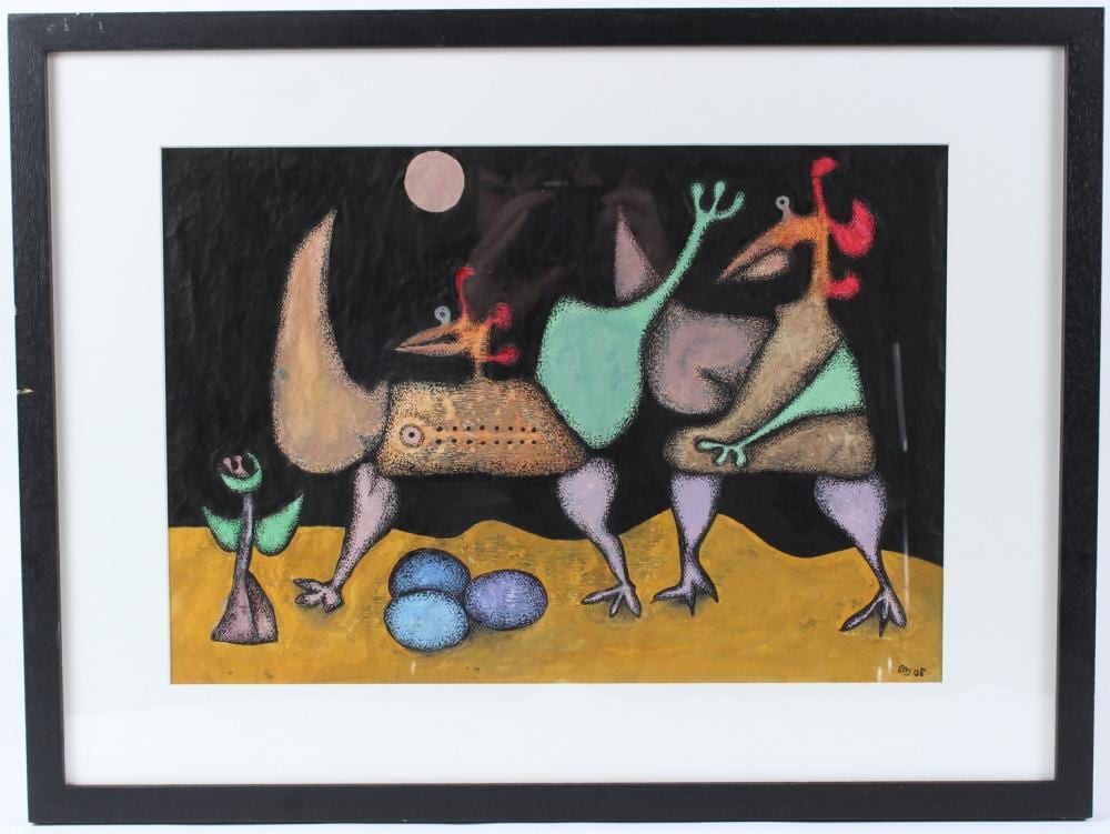 Desmond Morris comparable auction result: desmond morris b 1928 creatures with eggs mixed media on paper initialled and dated 08 29 x 41cm