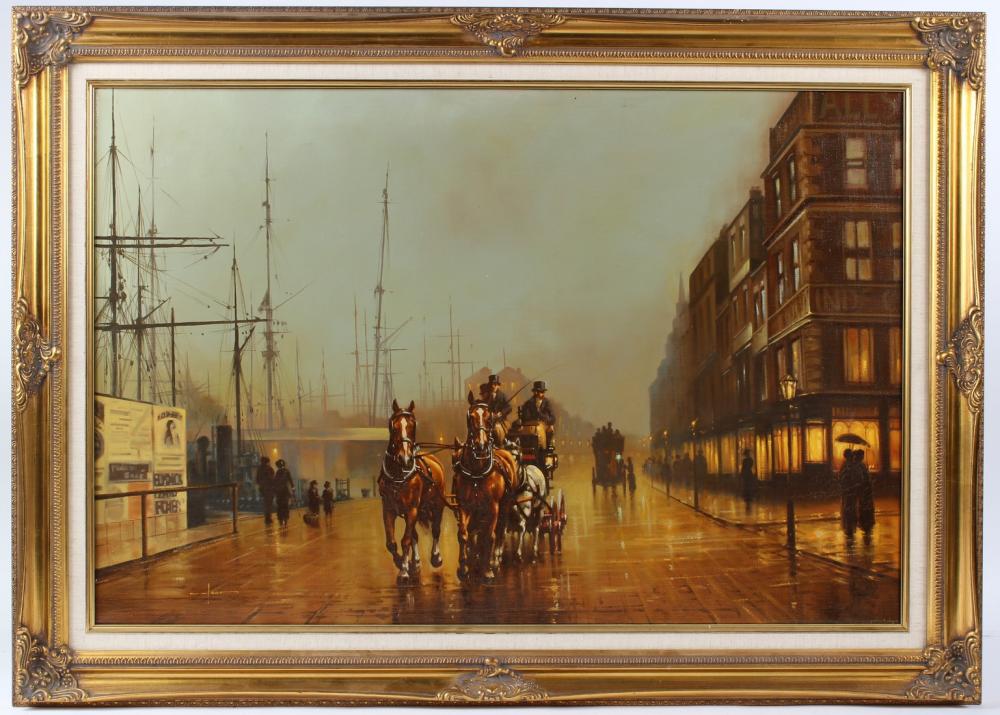 Graham Isom comparable auction result: graham isom 1945 horse and carriage at eventide on princess dock hull oil on canvas signed 50 x 75cm