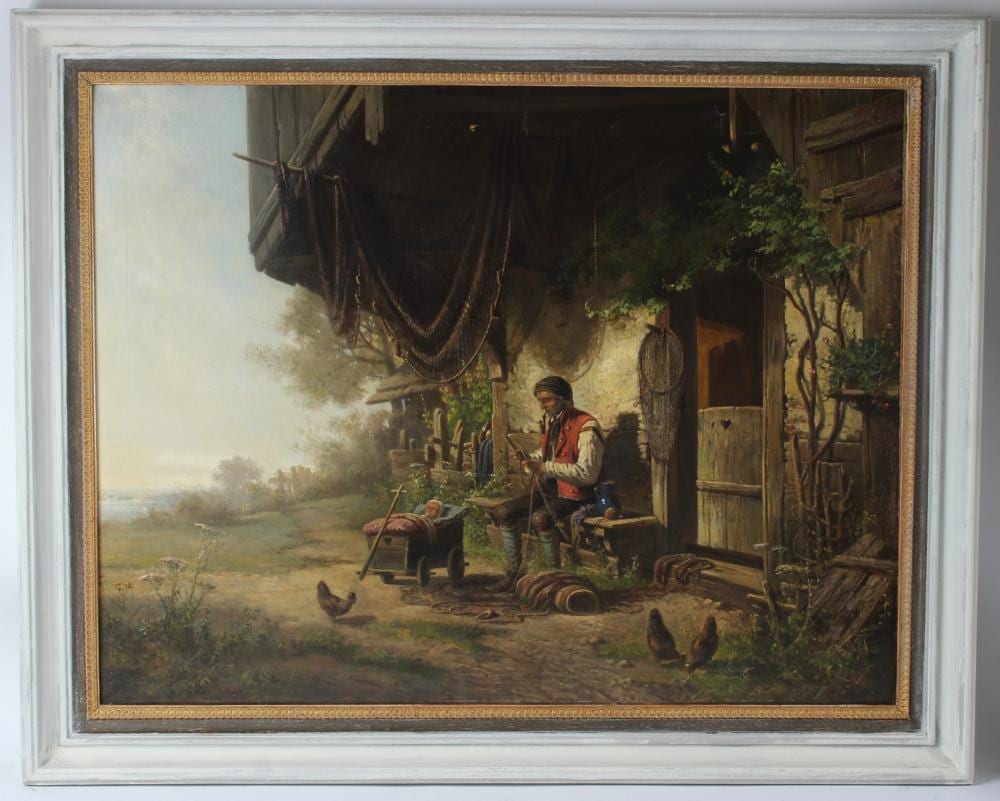 Adolf van der Venne comparable auction result: adolf van der venne 1828 1911 fisherman repairing nets seated outside a cottage with a child in a cradle