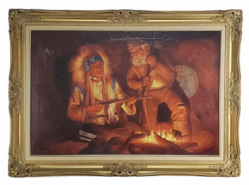 Troy Denton comparable auction result: troy denton american b 1949 indian and frontiersman by the fireside signed lower left oil on canvas 24 x 36 framed 31 x 43 1 8 canvas has overall craquelure
