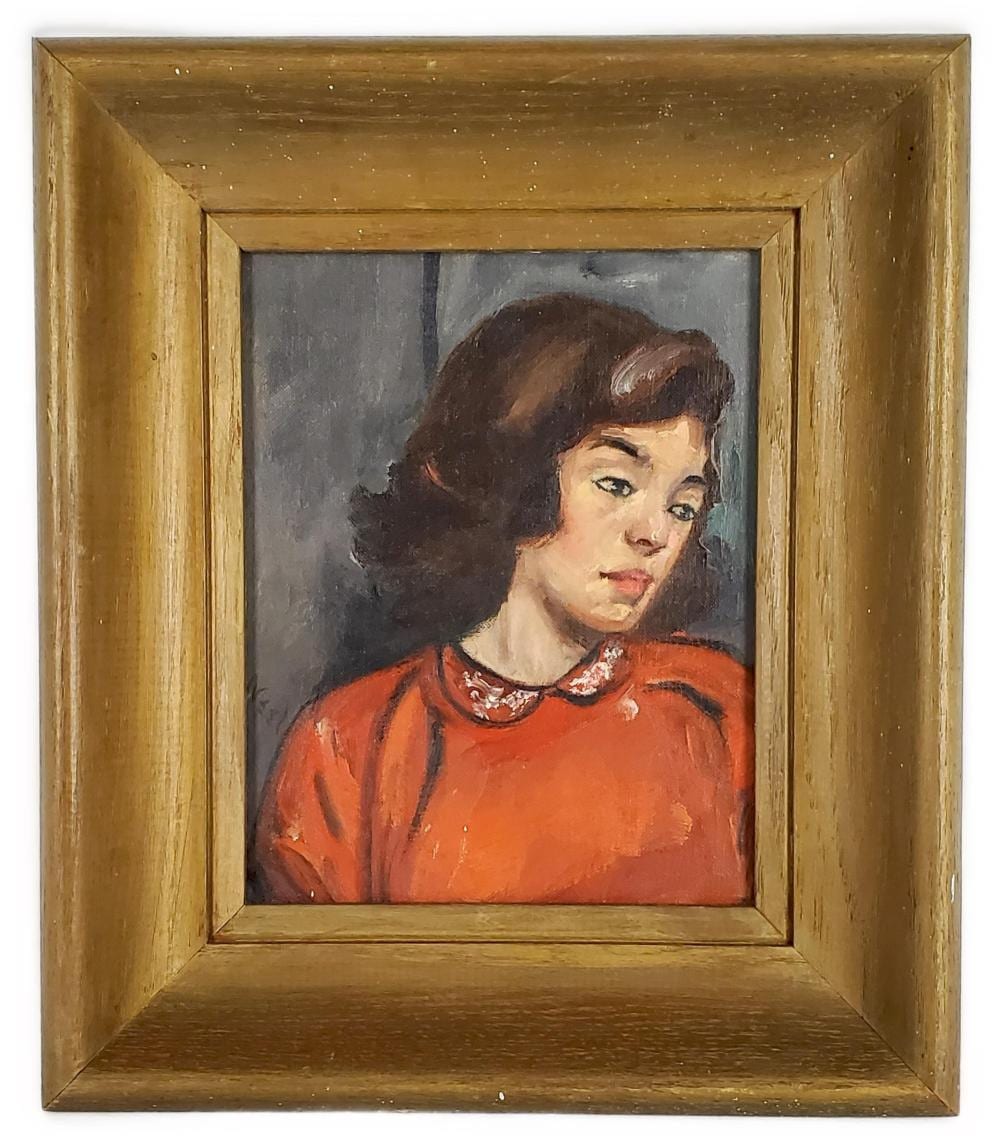 Alice Neel comparable auction result: alice neel american 1900 1984 attributed to brown hair girl signed neel lower left oil on board 10 x 8 framed 14 1 2 x 12 1 2