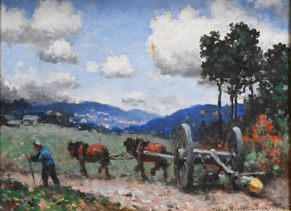 Frank Russell Green comparable auction result: frank russell green american 1856 1940 landscape with farmer and work horses 1938 oil on canvas signed and dated lower right frank russell green 1938 12 x 16