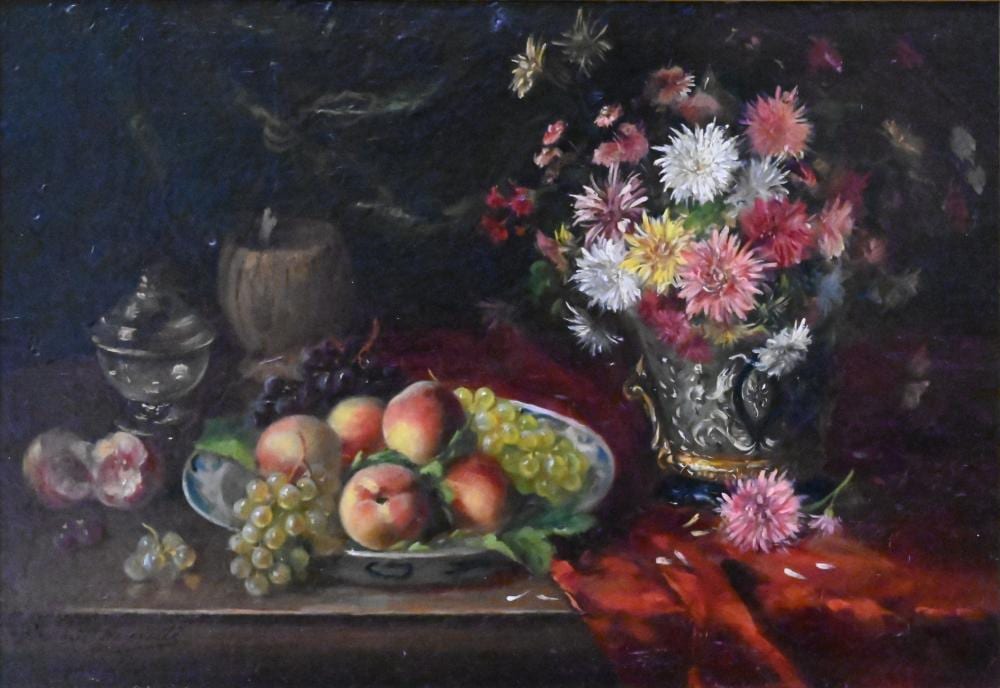 alfred arthur brunel de neuville french 1852 1941 table still life with grapes peaches and bouquet of flowers oil on board signed lower left brunel neuville 9 x 13 · Nadeau's Auction Gallery · 2026-01-24 Alfred Arthur Brunel De Neuville comparable auction result: alfred arthur brunel de neuville french 1852 1941 table still life with grapes peaches and bouquet of flowers oil on board signed lower left brunel neuville 9 x 13