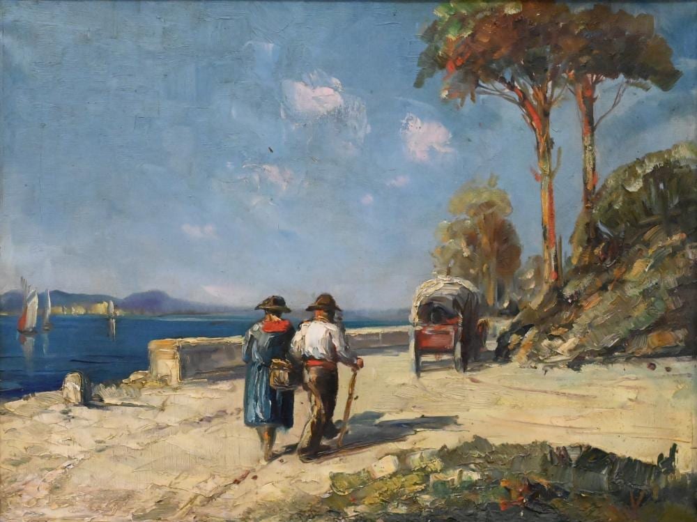 Gustave Vidal comparable auction result: gustave vidal french 1895 1966 promenade au bord de l eau walk by the water s edge oil on canvas signed lower left g vidal signature stamp verso 18 x 24