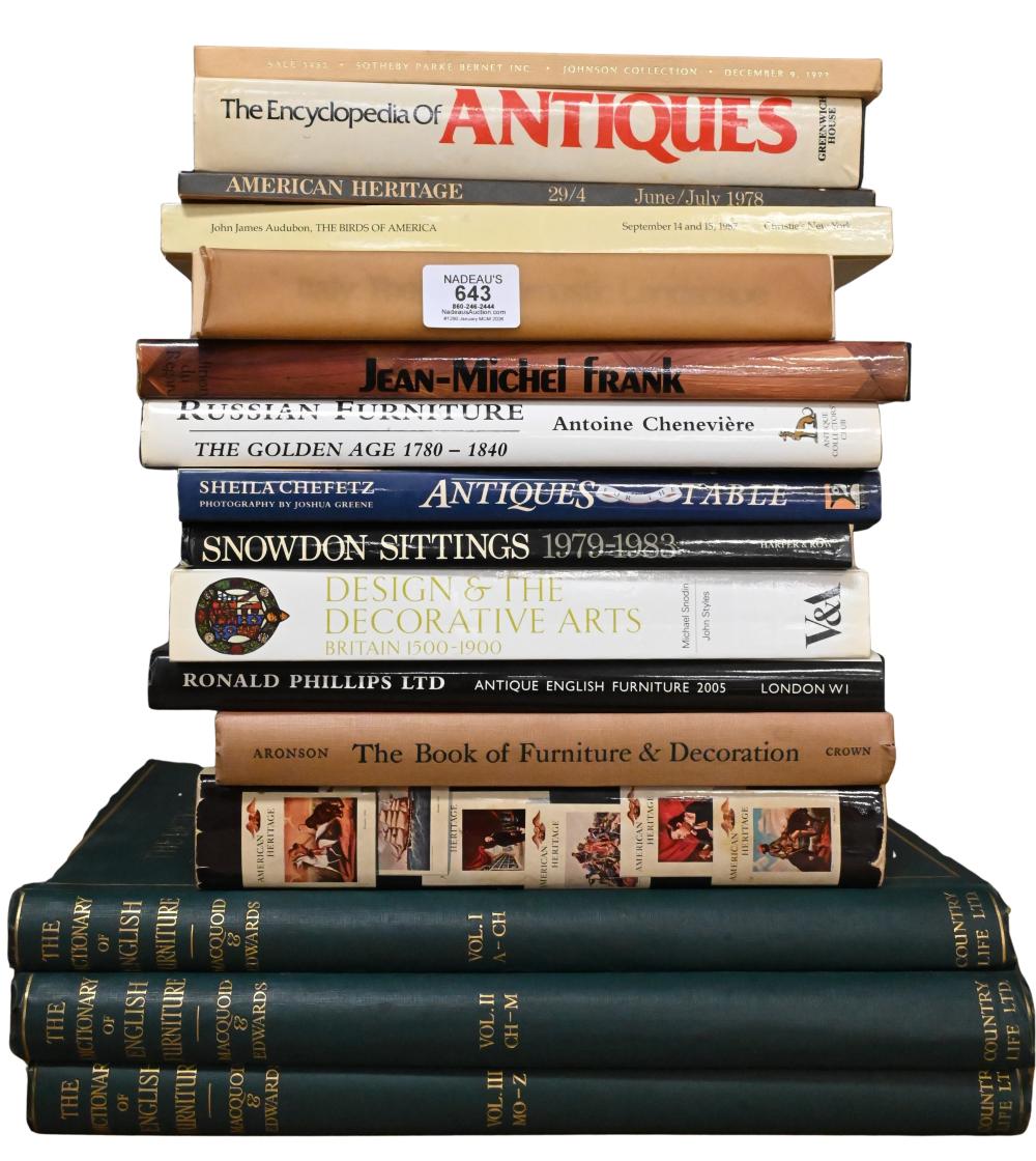 Approximately16 Antiques, Decorative Arts, and Furniture Reference Books Including The Encyclopedia of Antiques; American Heritage (June/July 1978); John James Audubon: The Birds of America (Christie’s, 1987); Jean-Mi... sold by Nadeau's Auction Gallery, lot 643 — auction record photograph