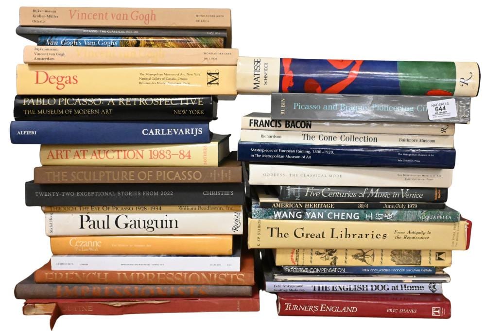 Approximately 32 Modern Art and Art History Books Including multiple volumes on Vincent van Gogh; Henri Matisse; Edgar Degas; Pablo Picasso (including A Retrospective, The Sculpture of Picasso, and Through the Eye of ... sold by Nadeau's Auction Gallery, lot 644 — auction record photograph
