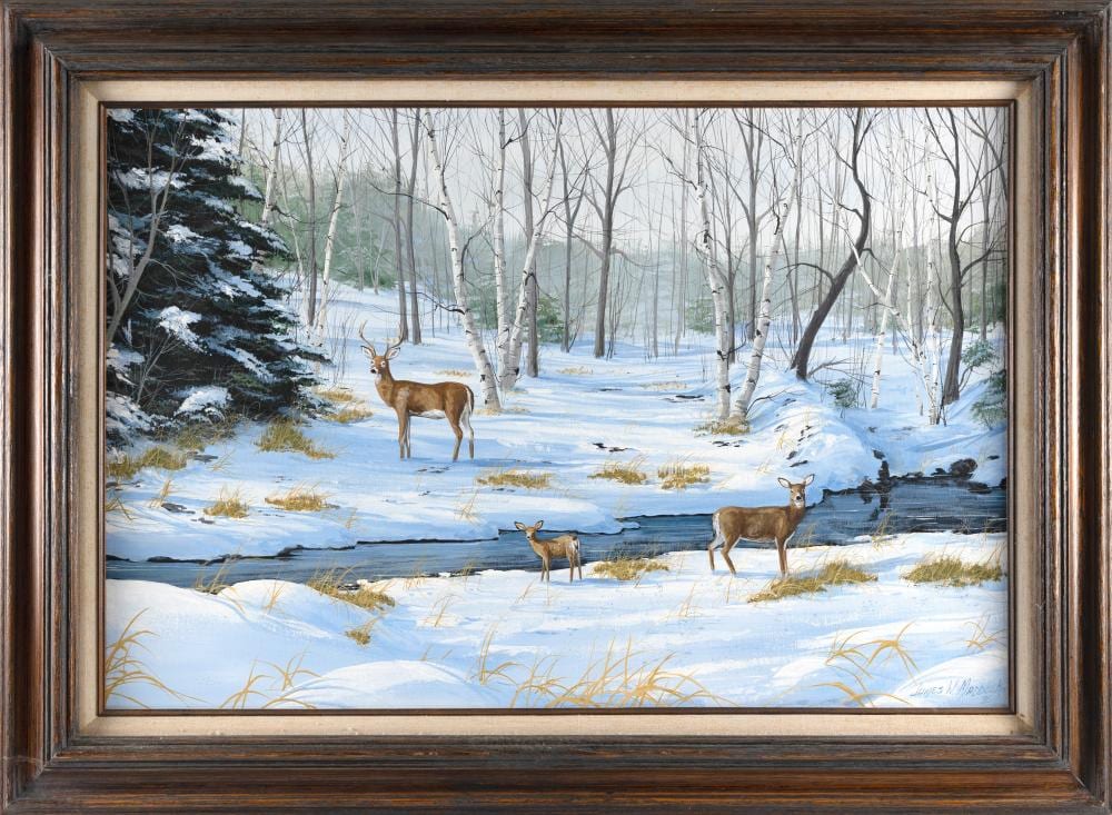 James W. Maddocks comparable auction result: james w maddocks massachusetts contemporary bucolic scene of deer along a snowy riverbank oil on canvas 24 x 36 framed 32 x 44