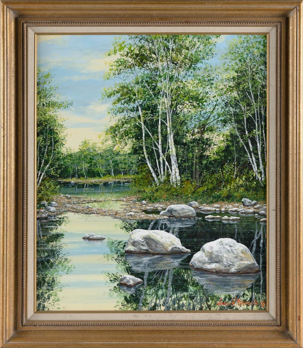 James W. Maddocks comparable auction result: james w maddocks massachusetts contemporary birches along a shoreiine oil on canvas 24 x 20 framed 30 x 26