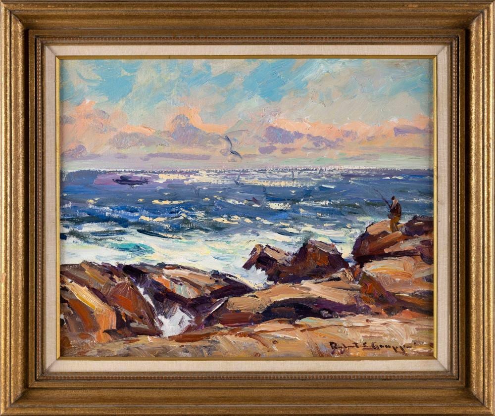 Robert Charles Gruppe comparable auction result: robert charles gruppe massachusetts 1944 fishing off the rocks oil on canvas 16 x 20 framed 22 x 26