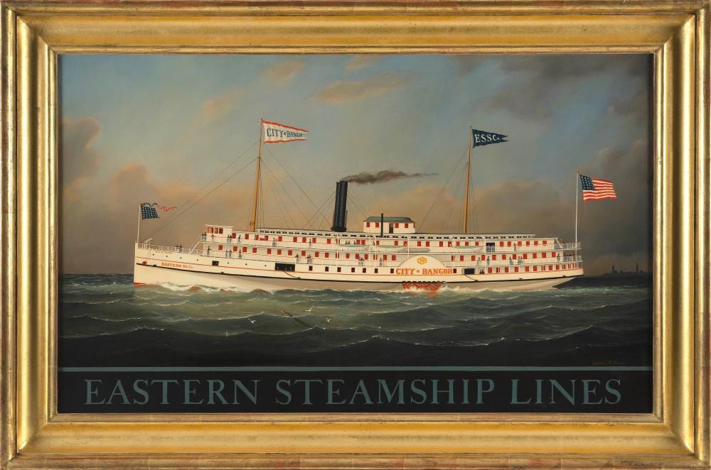 William Robert Davis comparable auction result: william robert davis massachusetts 1952 the sidewheeler city of bangor of the eastern steamship lines oil on canvas 22 x 36 framed 28 x 42