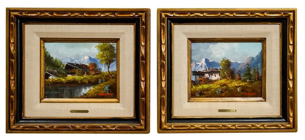 carlo mancini italian 20th century alpine cottage scenes two oils on canvas each signed l r frame of each 17 x 18 1 2 in 43 2 x 47 cm · Weschler's · 2026-01-13 Carlo Mancini comparable auction result: carlo mancini italian 20th century alpine cottage scenes two oils on canvas each signed l r frame of each 17 x 18 1 2 in 43 2 x 47 cm