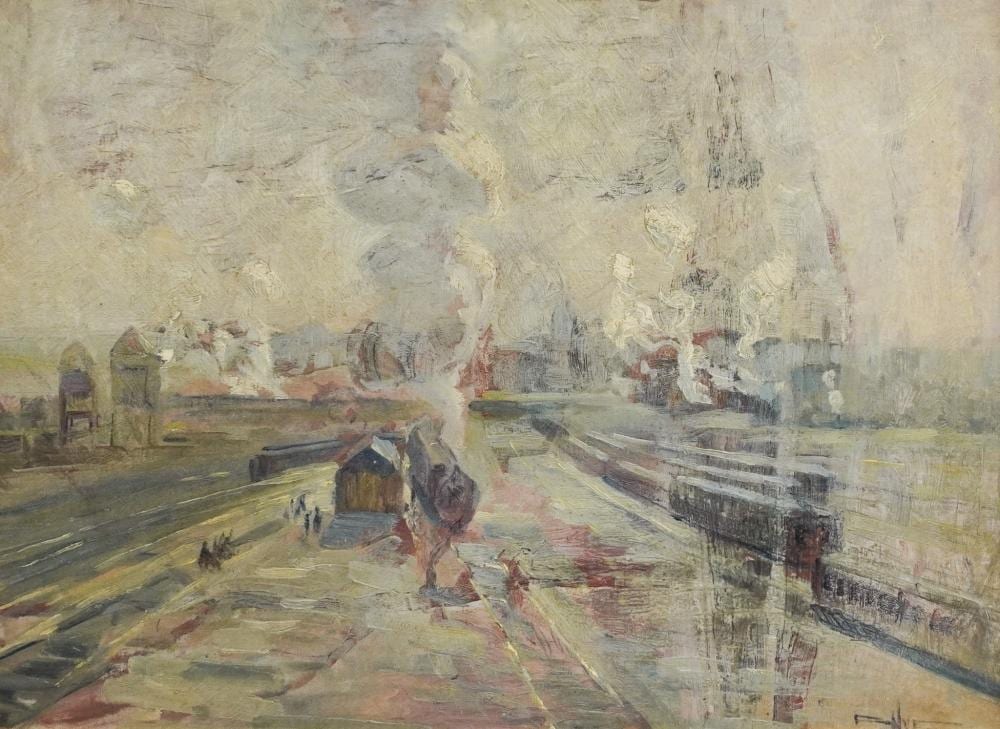 Edgar Hewitt Nye comparable auction result: edgar hewitt nye american 1879 1943 abstract landscape with trains oil on canvas signed l r frame 23 x 30 in 58 4 x 76 2 cm