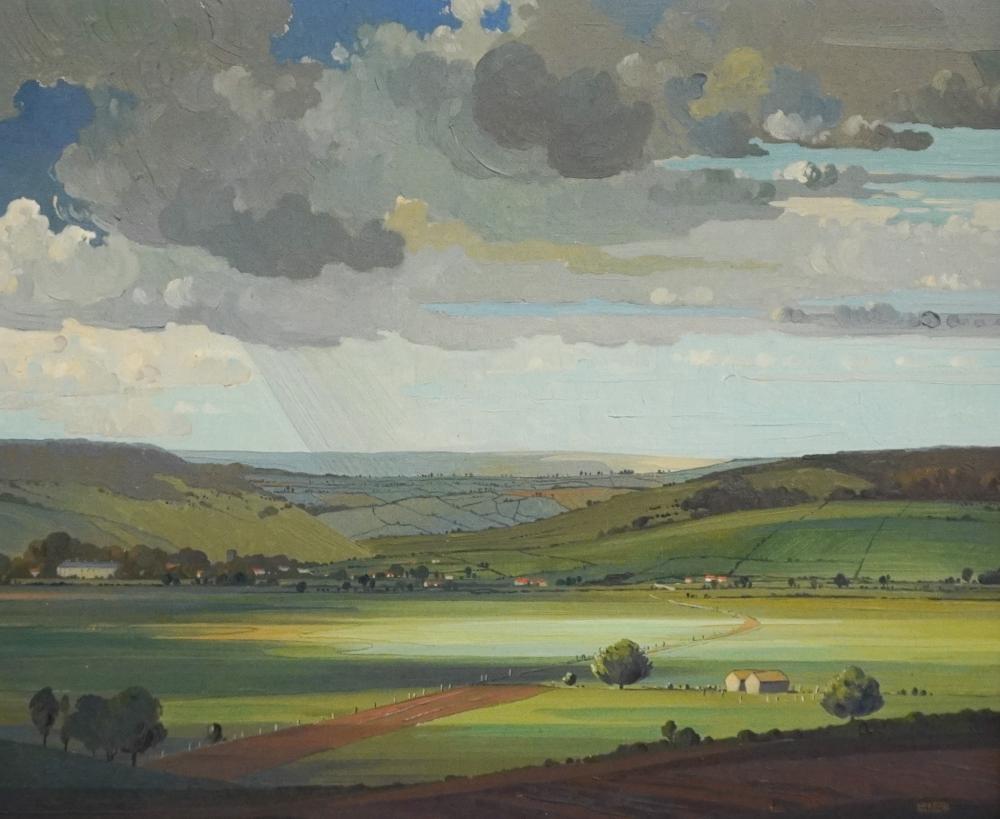Edward Loxton Knight comparable auction result: edward loxton knight british 1905 1993 rolling landscape with rainstorm in the distance oil on canvas signed l r frame 25 x 29 in 63 5 x 73 7 cm