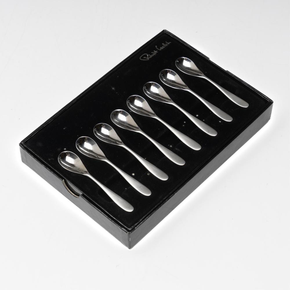 Robert Welch comparable auction result: boxed set of eight chrome demitasse spoons by robert welch