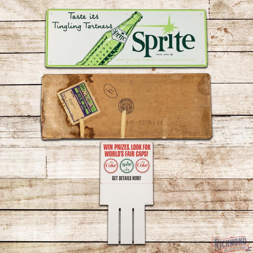 NOS Sprite "Taste its Tingling Tartness" Single Sided Tin Sign w/ Bottle Shipping Box & Insert sold by Richmond Auctions, lot 1205 — auction record photograph