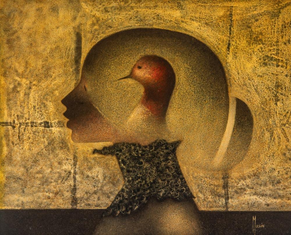 Maurice Musin comparable auction result: maurice musin 1939 surrealistic portrait of a lady and bird in profile oil on panel 54 x 64 cm 21 26 x 25 19 in frame 69 x 79 cm 27 17 x 31 10 in