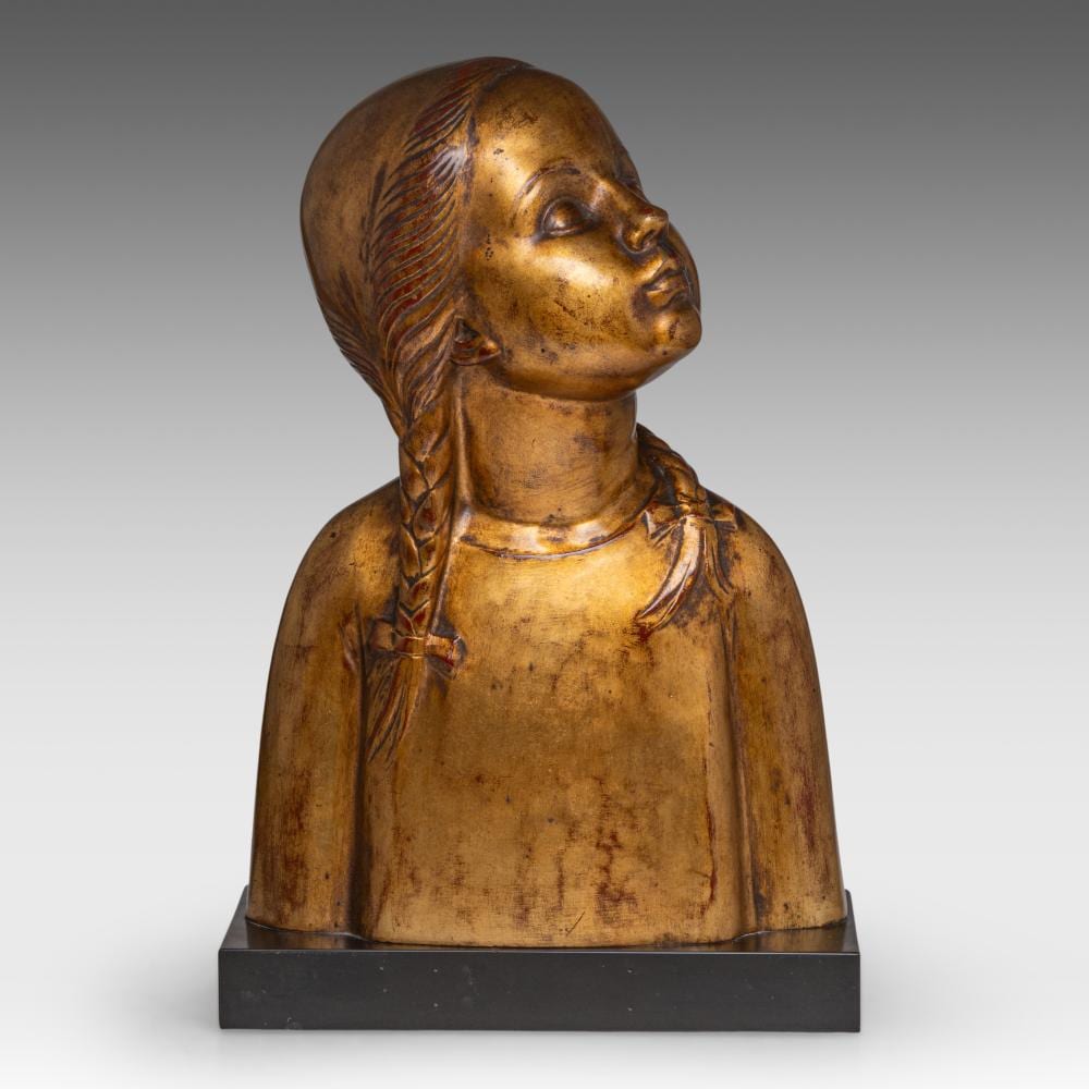 Georges Verbanck comparable auction result: geo verbanck 1881 1961 art deco bust of a young girl gilt bronze on a black marble base h 42 5 47 5 cm without with base