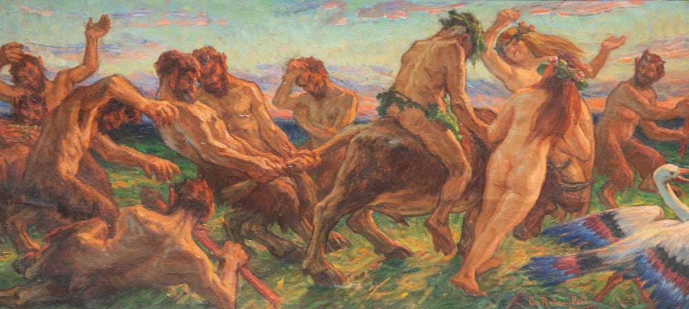 Emile Rommelaere comparable auction result: emile rommelaere 1873 1961 bacchanal scene oil on canvas 35 x 75 cm 13 7 x 29 5 in frame 44 x 84 cm 17 3 x 33 0 in