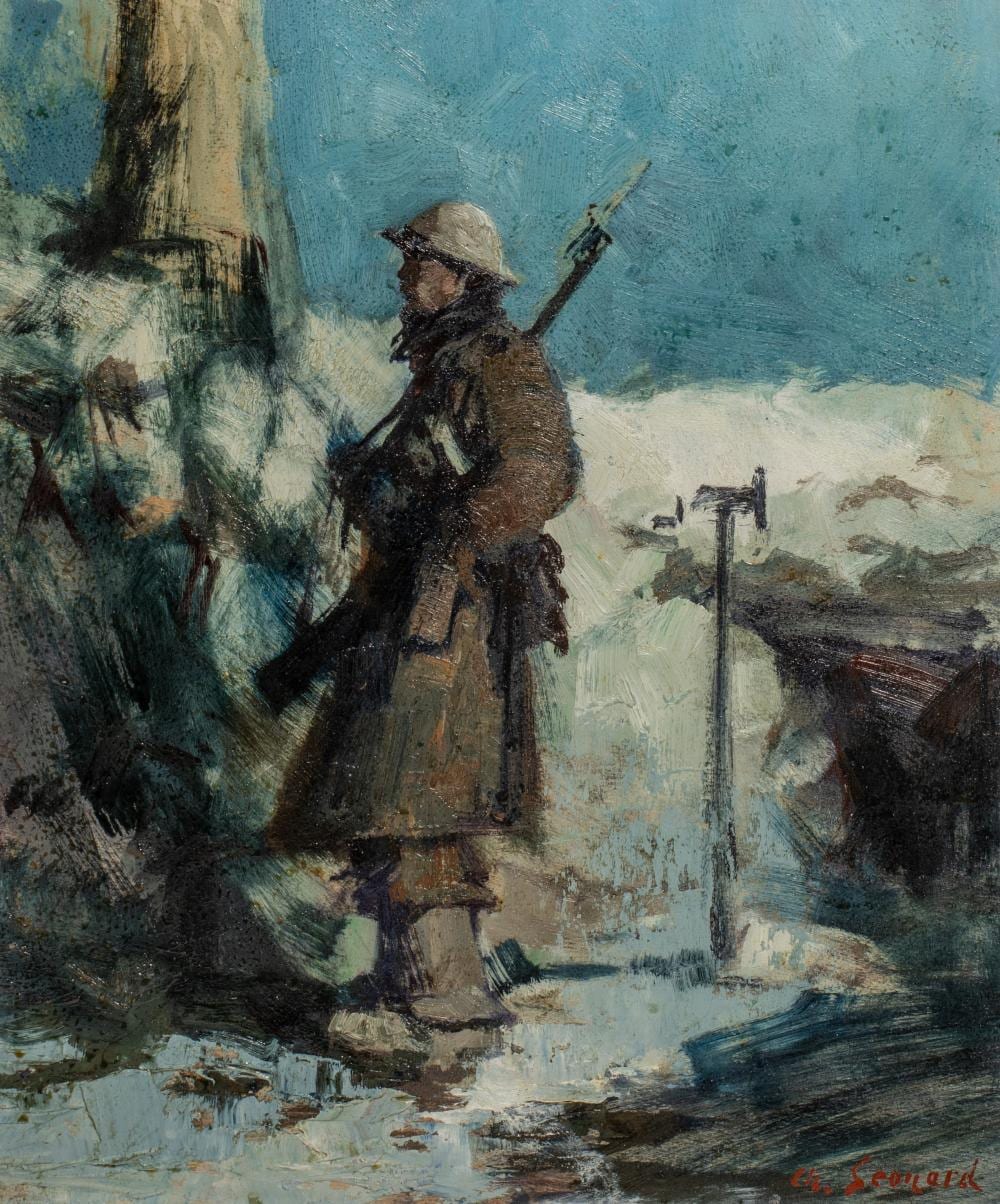 Charles Leonard comparable auction result: charles leonard 1901 1980 soldier on his post in the trenches 1916 oil on panel 38 x 46 cm 46 x 38 cm 18 1 x 14 9 in frame 58 x 50 cm 22 8 x 19 6 in