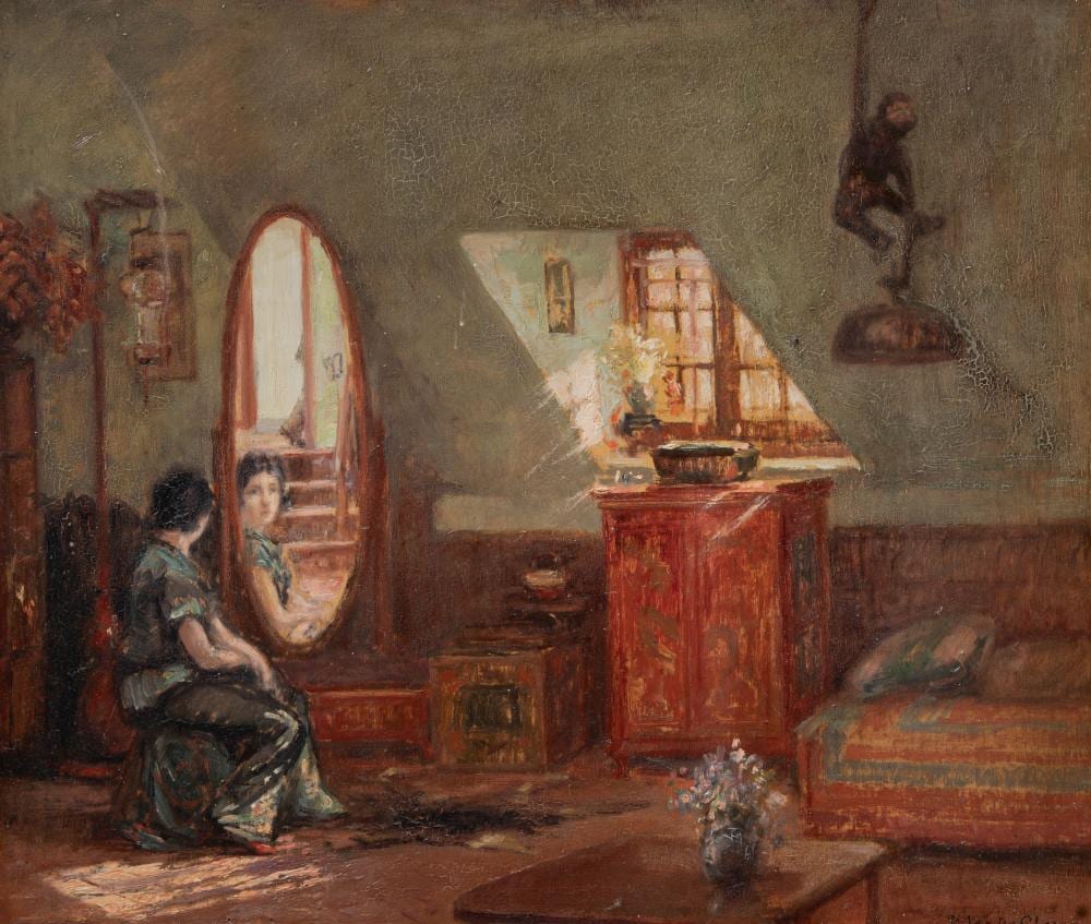 Jan de Clerck comparable auction result: jan de clerck 1881 1962 interior scene with lady and monkey oil on panel 50 x 60 cm 19 6 x 23 6 in frame 70 x 80 cm 27 5 x 31 5 in