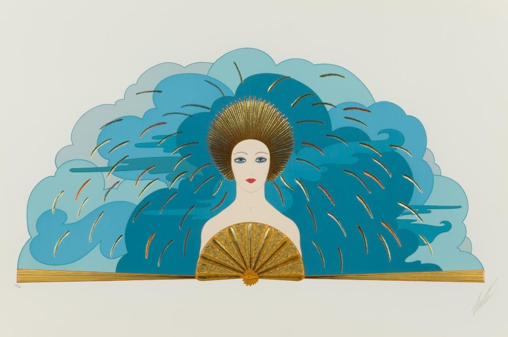 Stylized woman portrait with red lips wearing a gold fan, surrounded by blue storm clouds and gold feather-like lines.