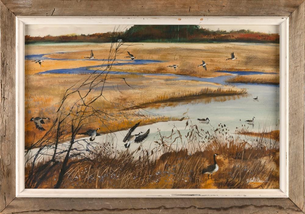 robert driscoll massachusetts 1940 2008 canada geese in a marsh watercolor on paper 21 5 x 33 framed 28 x 40 · Eldred's · 2026-01-29 Robert Driscoll comparable auction result: robert driscoll massachusetts 1940 2008 canada geese in a marsh watercolor on paper 21 5 x 33 framed 28 x 40