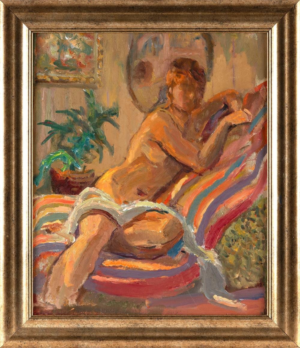 Joseph Rimini comparable auction result: joseph rimini america 1920 2000 nude seated on a striped chaise oil on canvas 24 x 20 framed 29 x 25