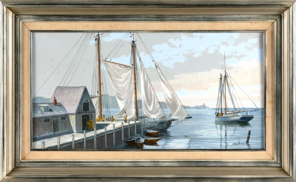 Ben Neill comparable auction result: ben neill massachusetts 1914 2001 drying her sails oil on canvas 12 x 24 framed 18 x 30