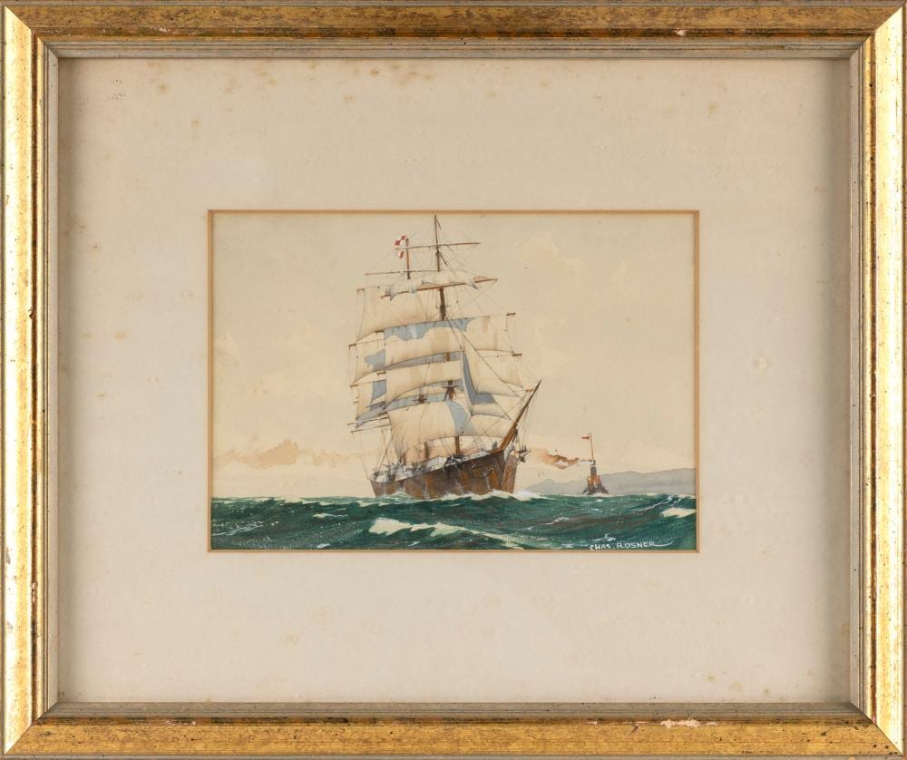 charles rosner new york germany 1894 1975 whaleship with a tug off her port side watercolor 7 25 x 10 5 sight framed 16 5 x 19 5 · Eldred's · 2026-01-30 Charles Rosner comparable auction result: charles rosner new york germany 1894 1975 whaleship with a tug off her port side watercolor 7 25 x 10 5 sight framed 16 5 x 19 5