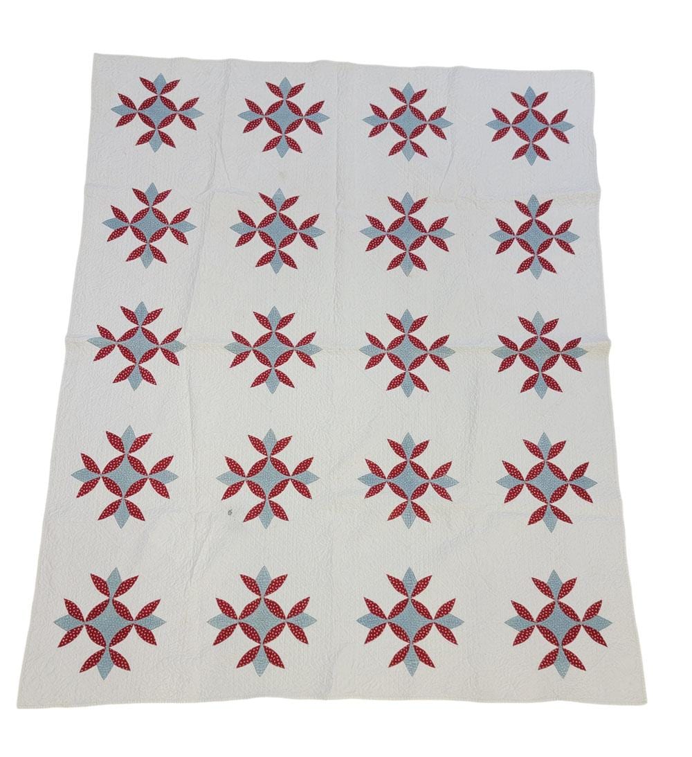 White quilt square with repeating red and blue tulip rosette applique blocks arranged in a grid.