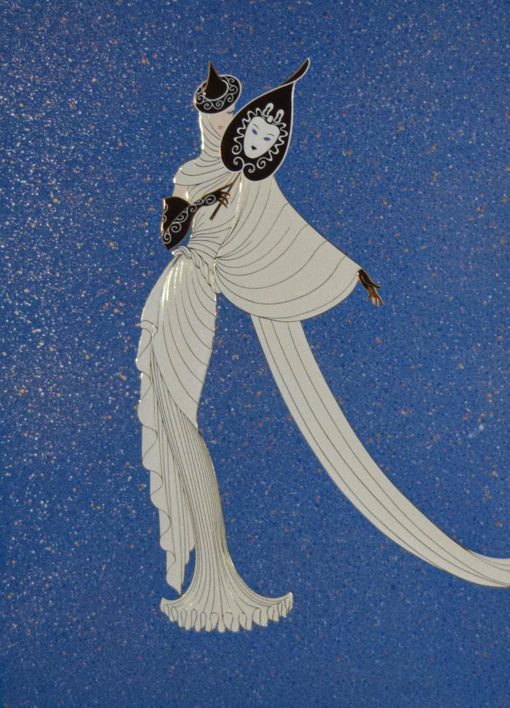 Stylized illustrated dancer figure in white and black with a curled headpiece, shown against a blue speckled background.