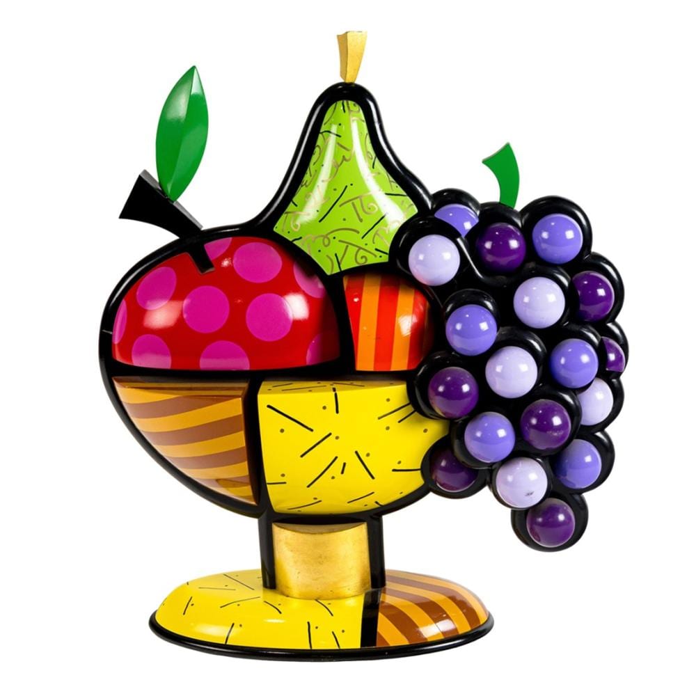 Colorful sculptural bowl of fruit with a pear, apple, grapes, and bold black outlines.