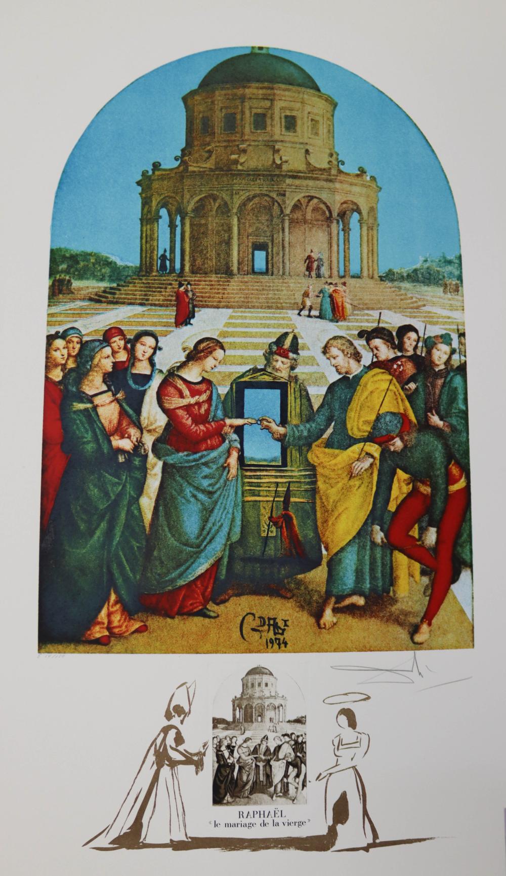 Color lithograph showing a group of robed figures in front of a classical archway building, with outdoor steps and a blue sky background.