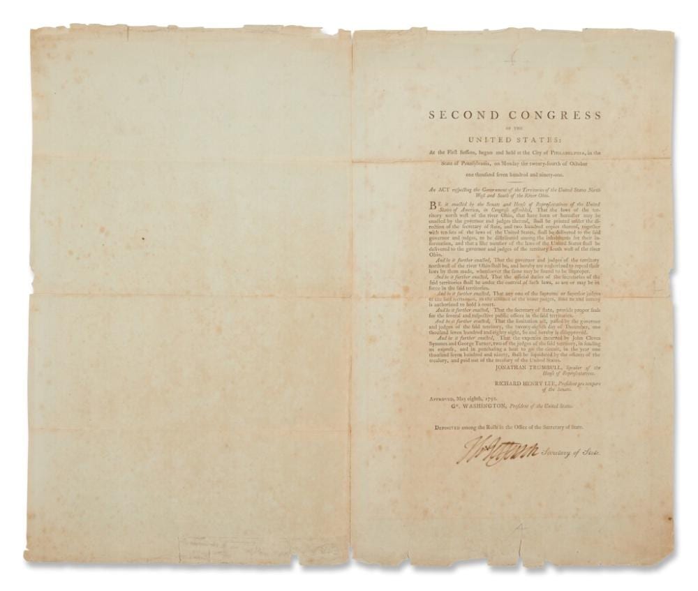 Jefferson comparable auction result: jefferson thomas a rare signed congressional act respecting the recently organized northwest territory 1792