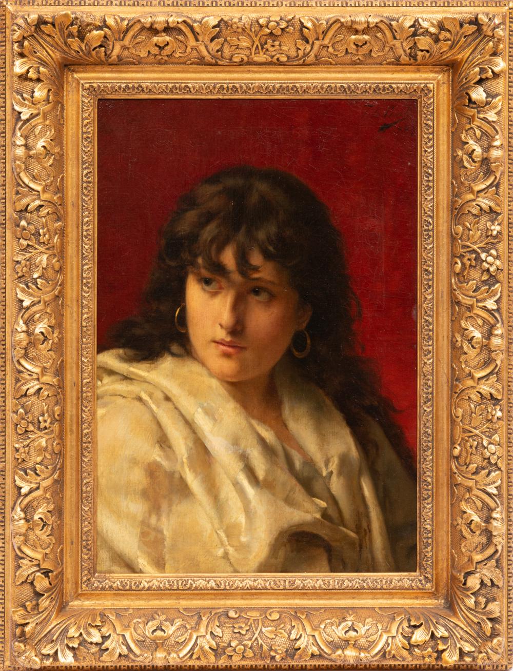 Tito Conti comparable auction result: tito conti italian 1842 1924 portrait of a young woman in a white dress against a red background oil on canvas