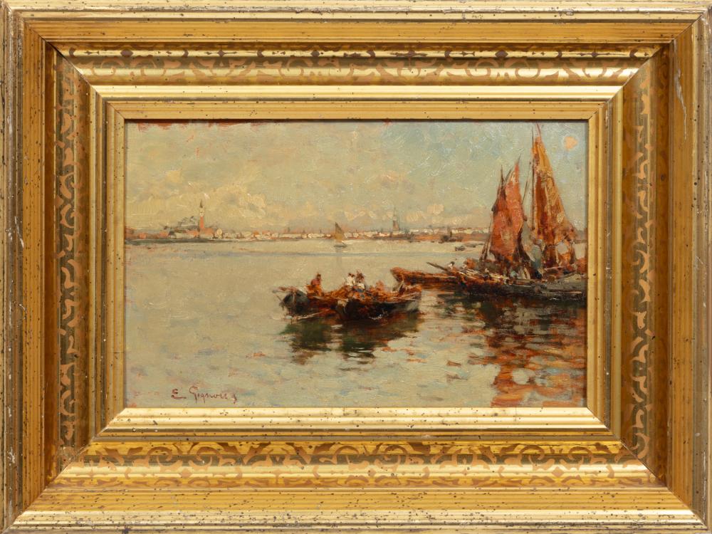 Eugenio Gignous comparable auction result: eugenio gignous italian 1850 1906 boats on a lagoon venice oil on panel