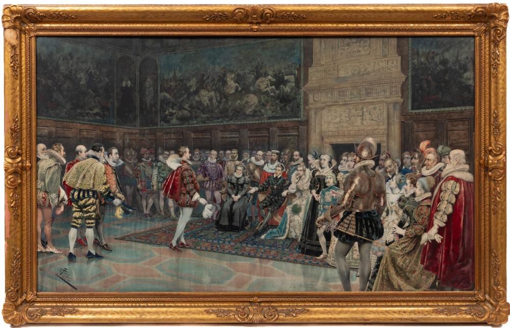 Giuseppe Aureli comparable auction result: giuseppe aureli italian 1858 1929 columbus and isabella at court watercolor on paper laid on board