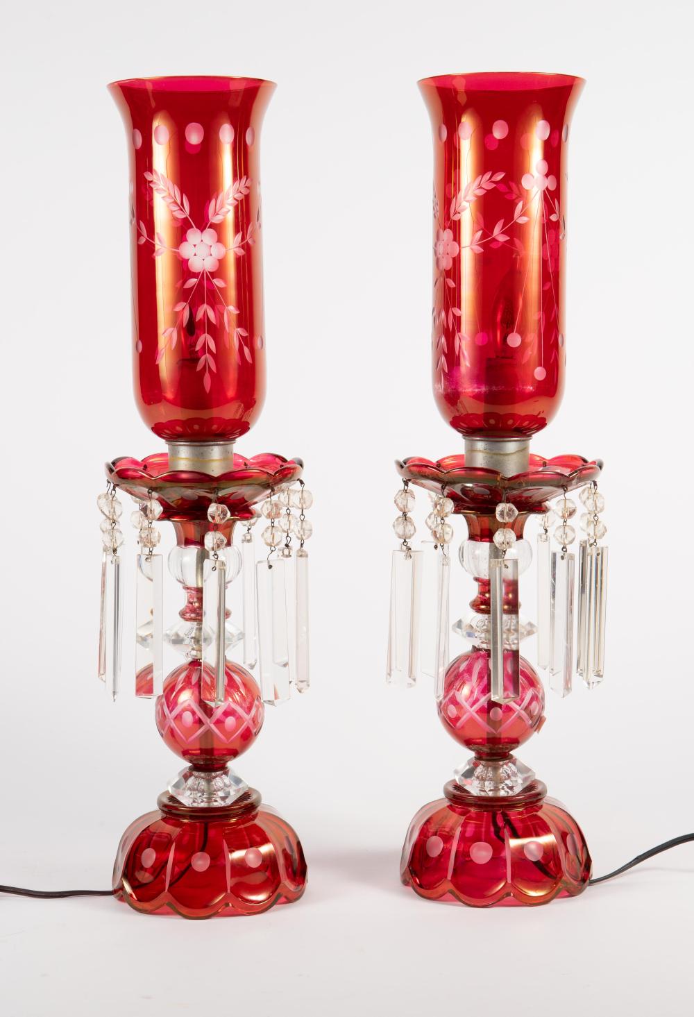 Pair of Cranberry Glass Electric Hurricane Lamps. sold by Direct Auction Galleries, Inc., lot 452 — auction record photograph