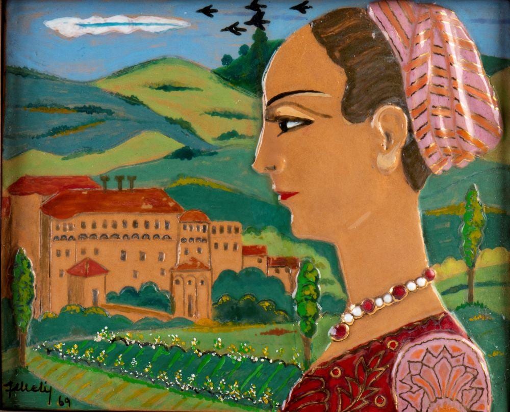 Federico Melis comparable auction result: federico melis bosa 1891 urbania 1969 urbania landscape with the profile of a woman in traditional costume