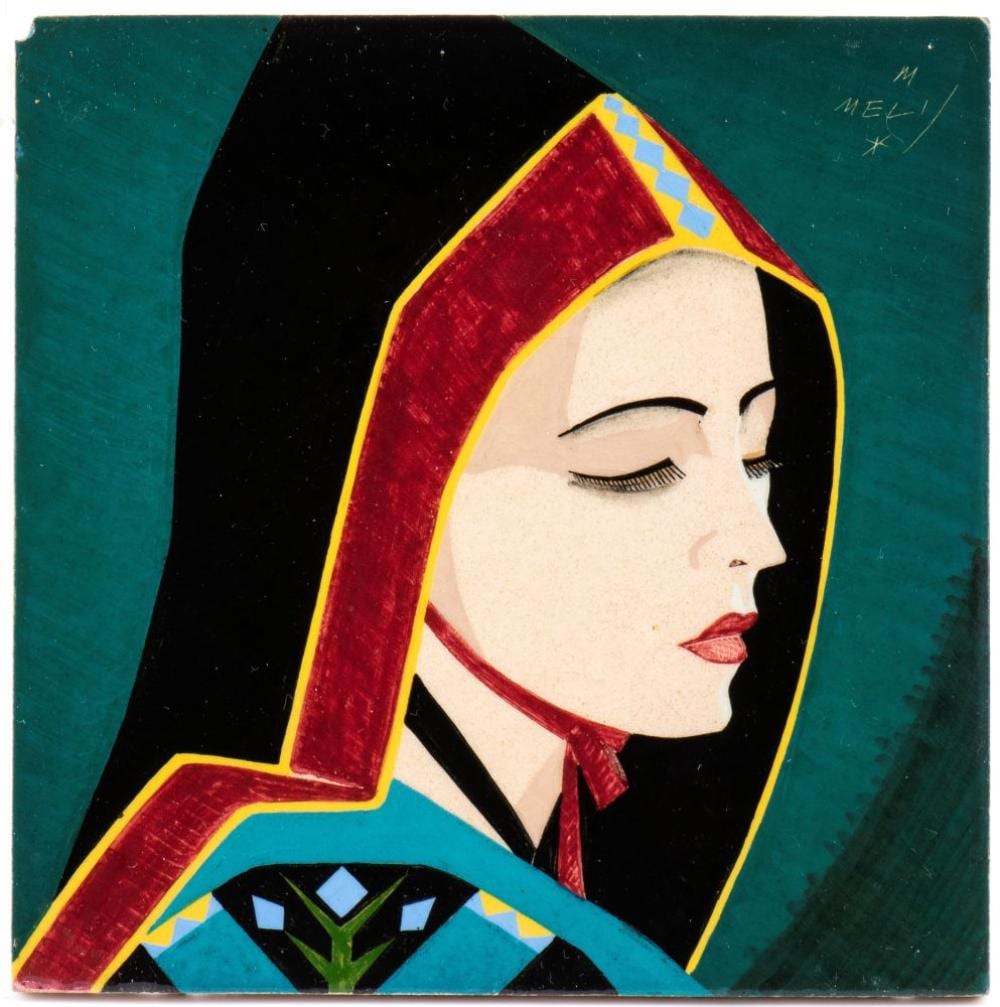 Melchiorre Melis comparable auction result: melkiorre melis bosa 1889 roma 1982 tile with woman in aritzo traditional costume